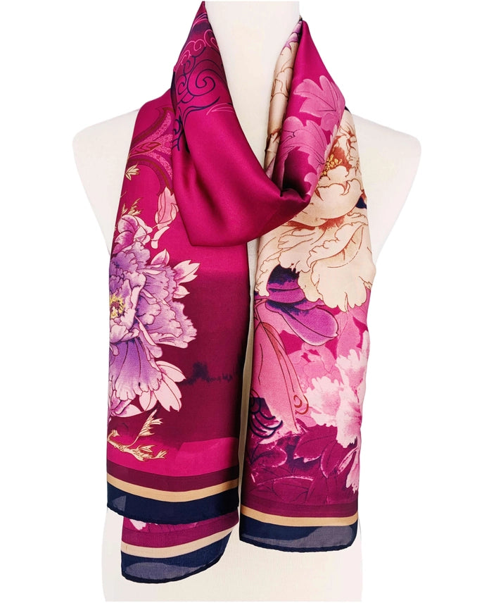 Silk Feeling Fuchsia Multi Peony Scarf