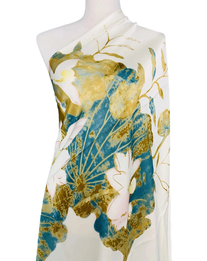 Silk Feeling Lotus Floral & Leaf Scarf