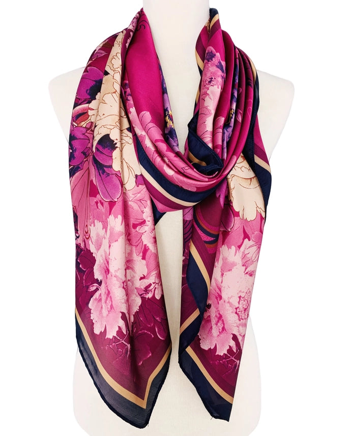 Silk Feeling Fuchsia Multi Peony Scarf