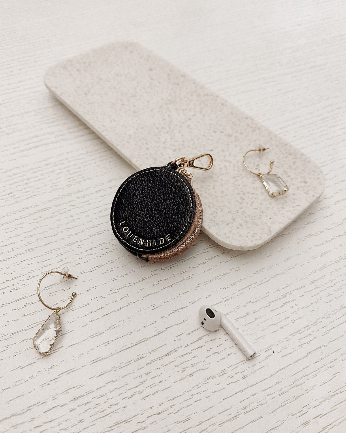 Louenhide Airlie black zippered vegan leather bag charm with light gold clip