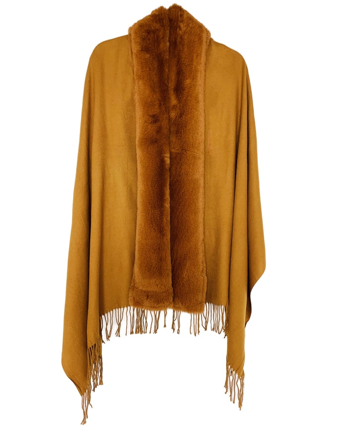 Caramel Brown Faux Fur Trim Softer Than Cashmere Shawl/Scarf