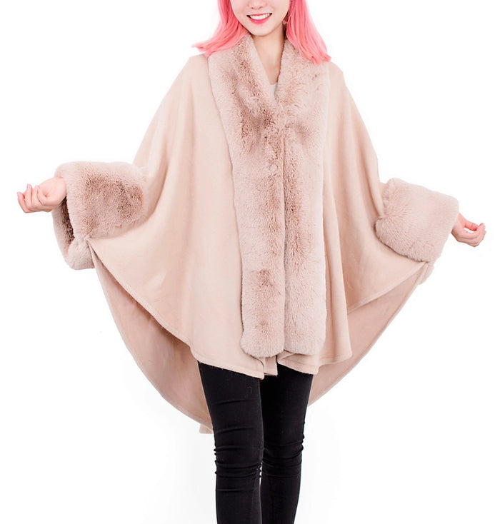 Pink Faux Rabbit Fur Long Collar Handkerchief Hem Cardigan