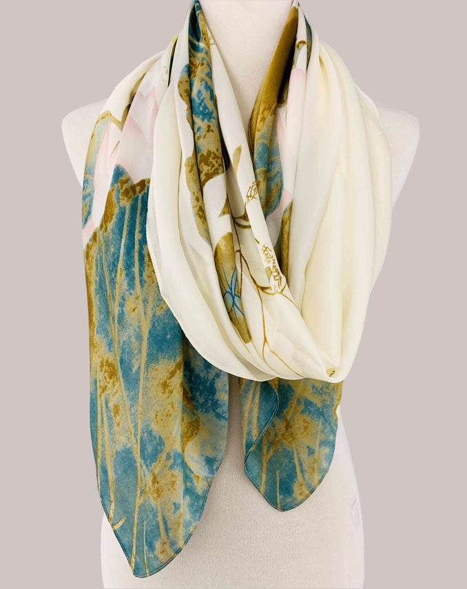 Silk Feeling Lotus Floral & Leaf Scarf