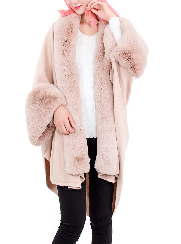 Pink Faux Rabbit Fur Long Collar Handkerchief Hem Cardigan