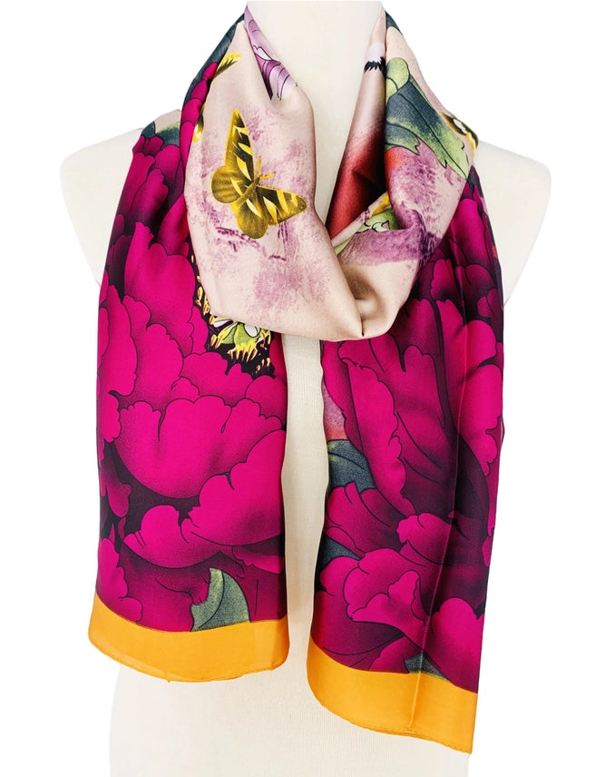 Silk Feeling Purple Multi Peony & Crane Scarf