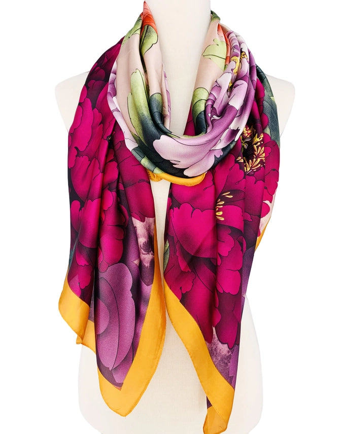 Silk Feeling Purple Multi Peony & Crane Scarf