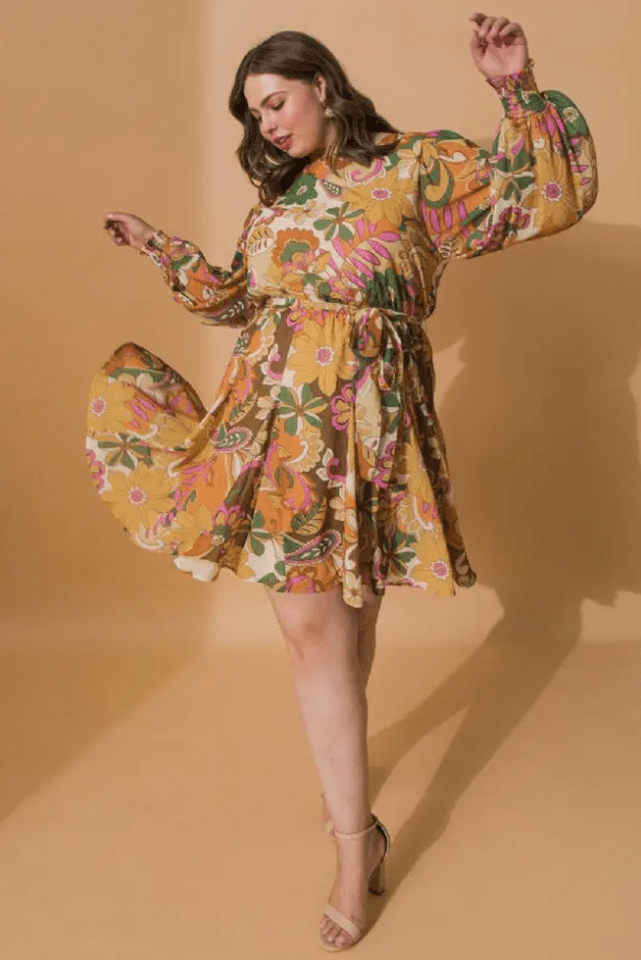 A Plus Size Printed Mini Dress_Green/Rust / 1x__Floral Fixx Design Studio_The Floral Fixx