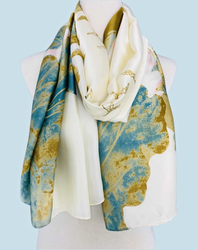 Silk Feeling Lotus Floral & Leaf Scarf