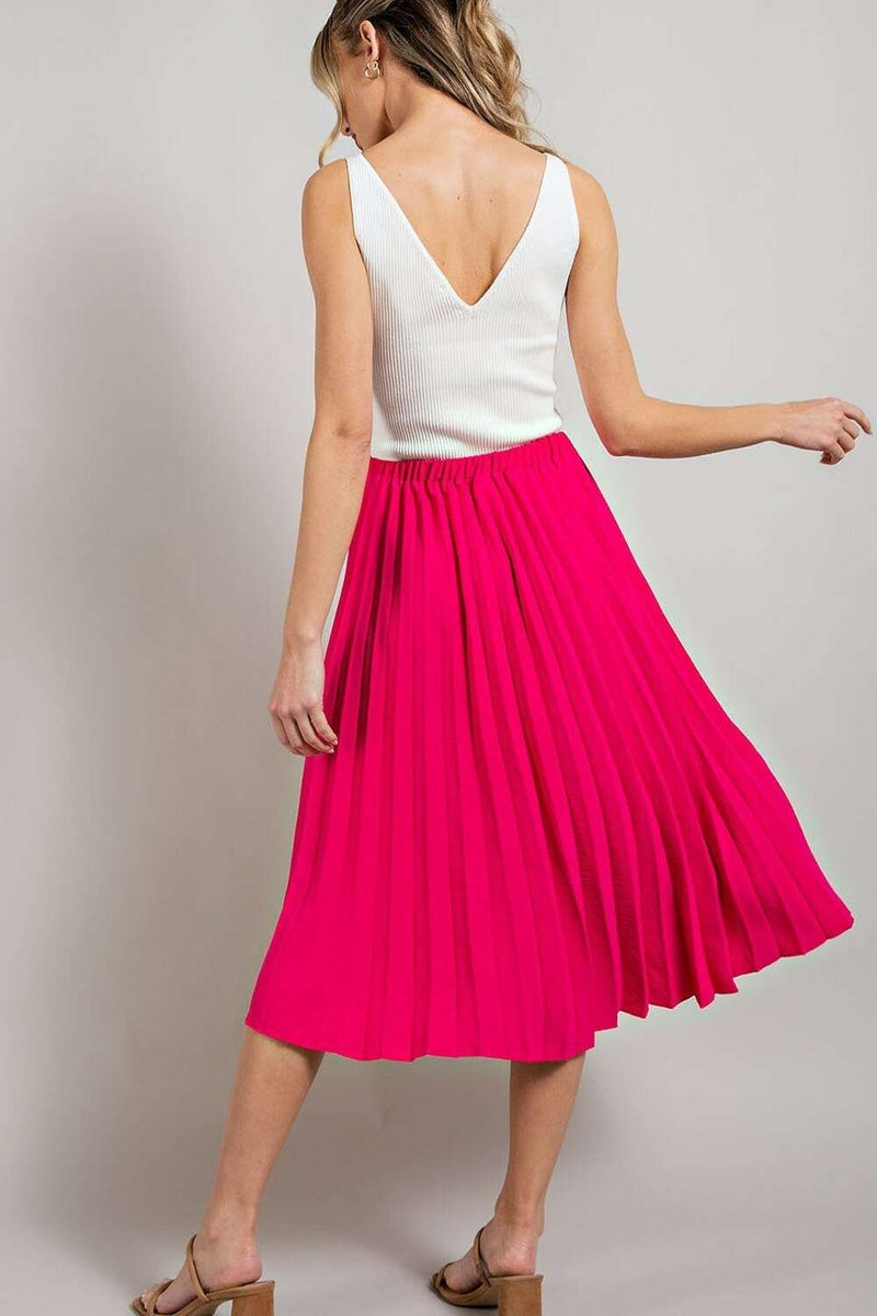 Hot Pink Pleated Midi Skirt - Main Image