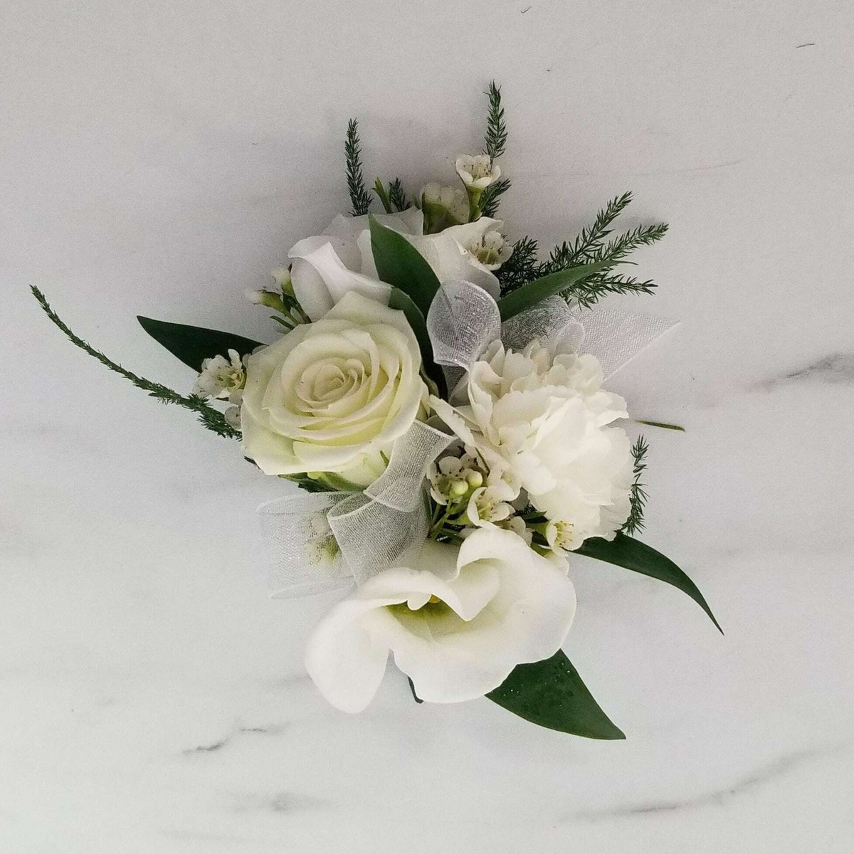 Mixed Blooms Corsage/Boutonniere_Small [3 Blooms] / White / No Glam_Flower Arrangement_The Floral Fixx_The Floral Fixx
