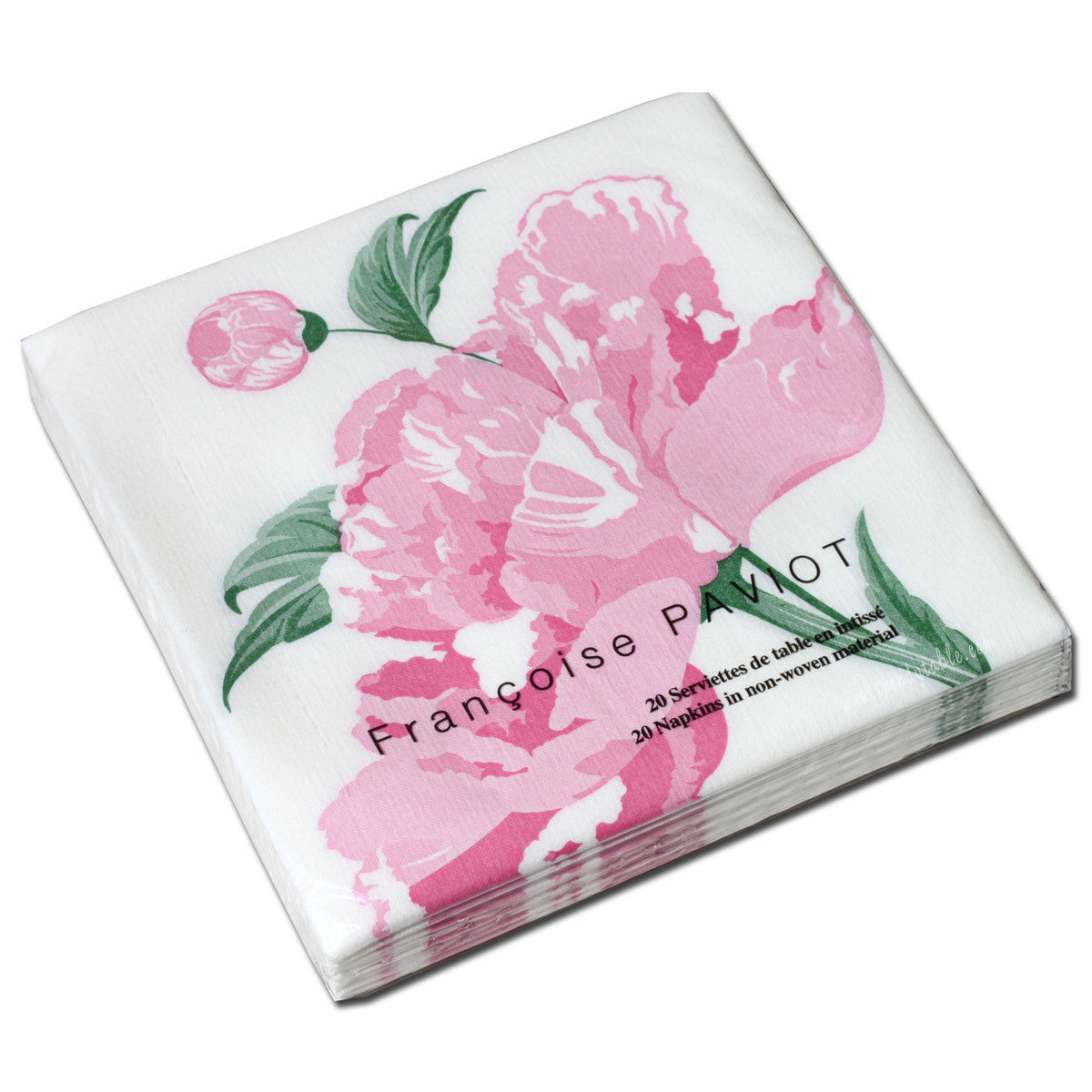 Paviot Pivione Blanc dinner napkins, pink peonies on white, SKU 31420