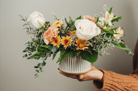 Spicy Chai Arrangement_White Footed Containor_Flowers_The Floral Fixx_The Floral Fixx